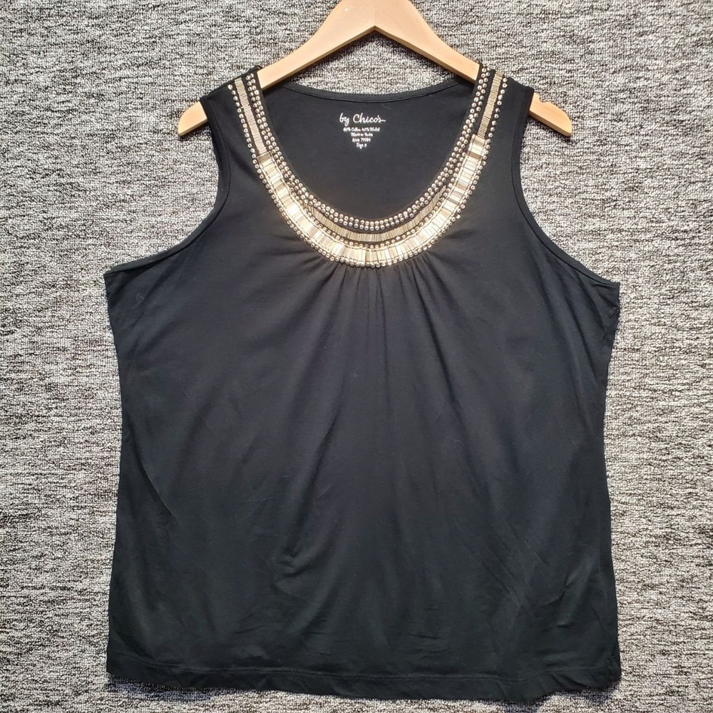 Chicos Beaded Sleeveless Tank Top Women XL Black Metallic Embellished Mob Wife